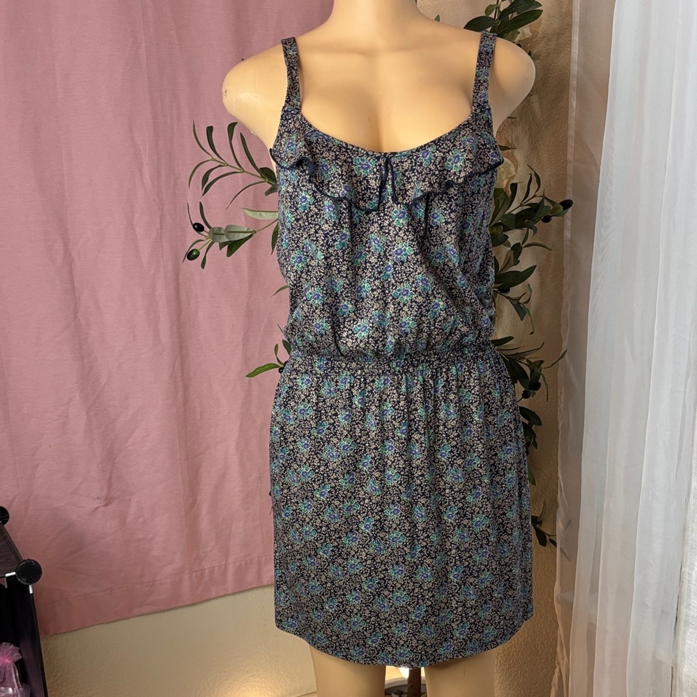 Express Floral Ruffle Mini Dress - Blue and Black